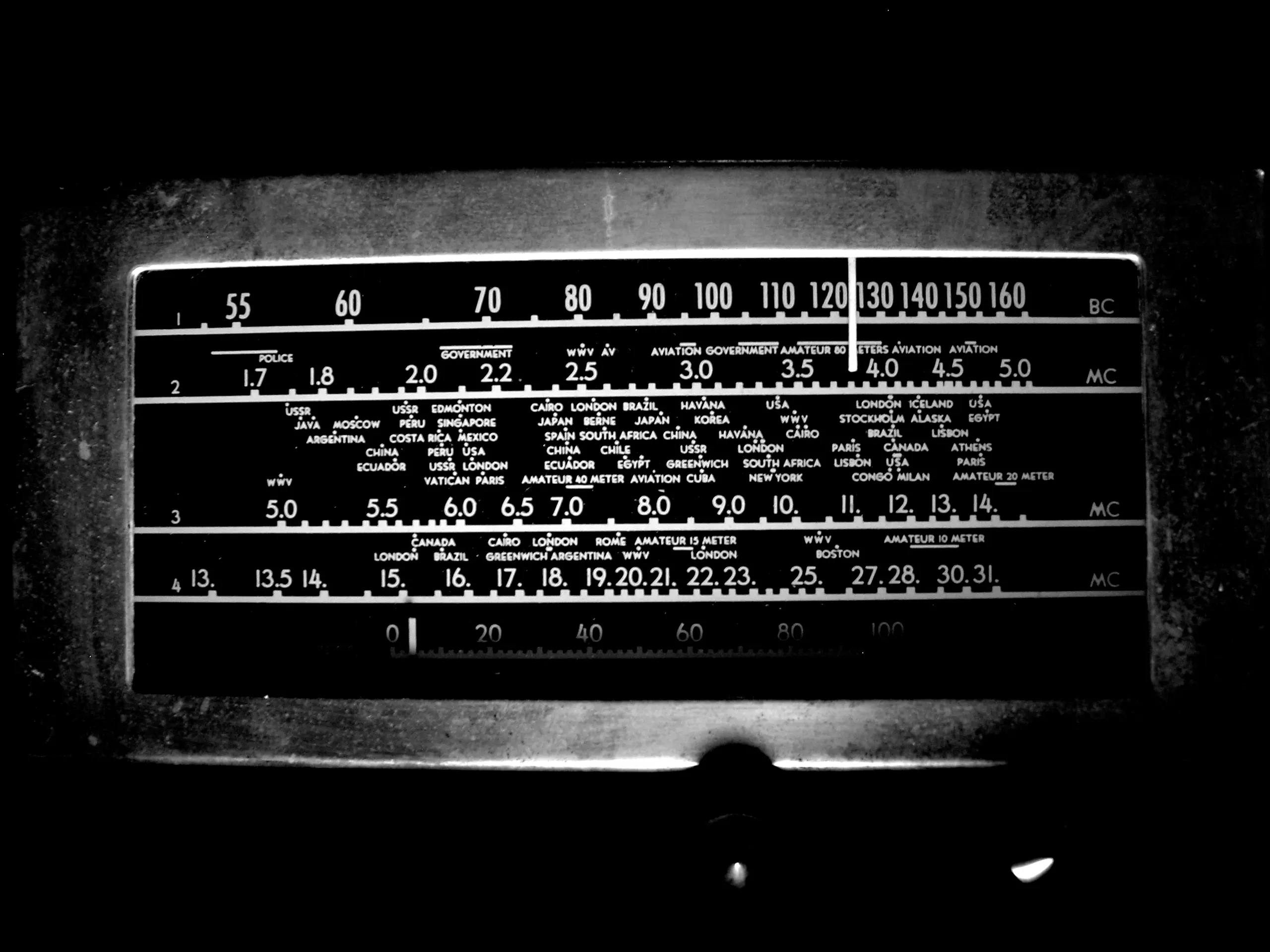 Close up photo of radio dial with short, middle, and long wave channels.