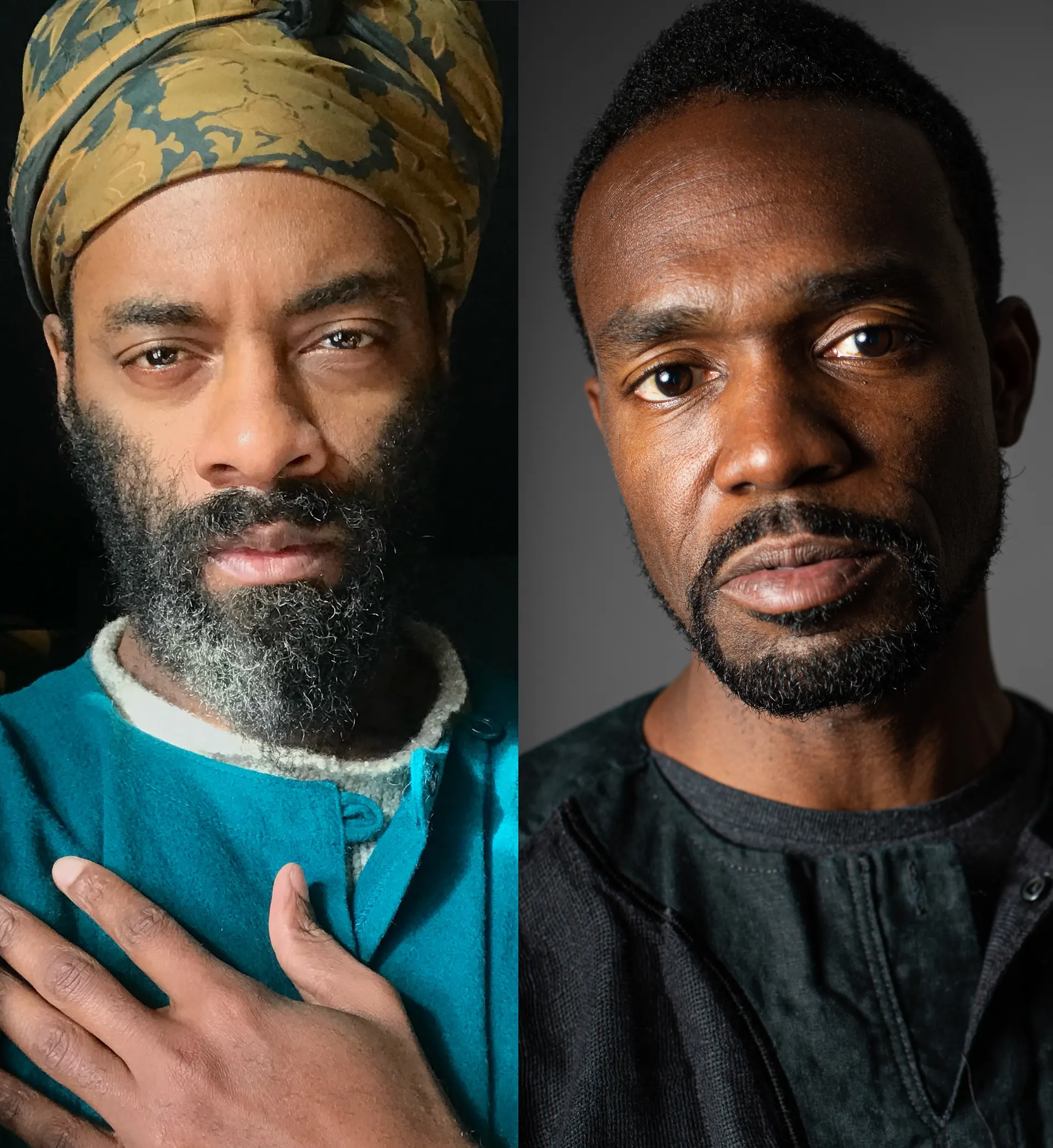 Photo portrait of LaMont on the left, a black man with blue shirt and medium beard wearing a headscarf, and André on the right, a black man with short beard and a black shirt, both men stairing directly into the camera.