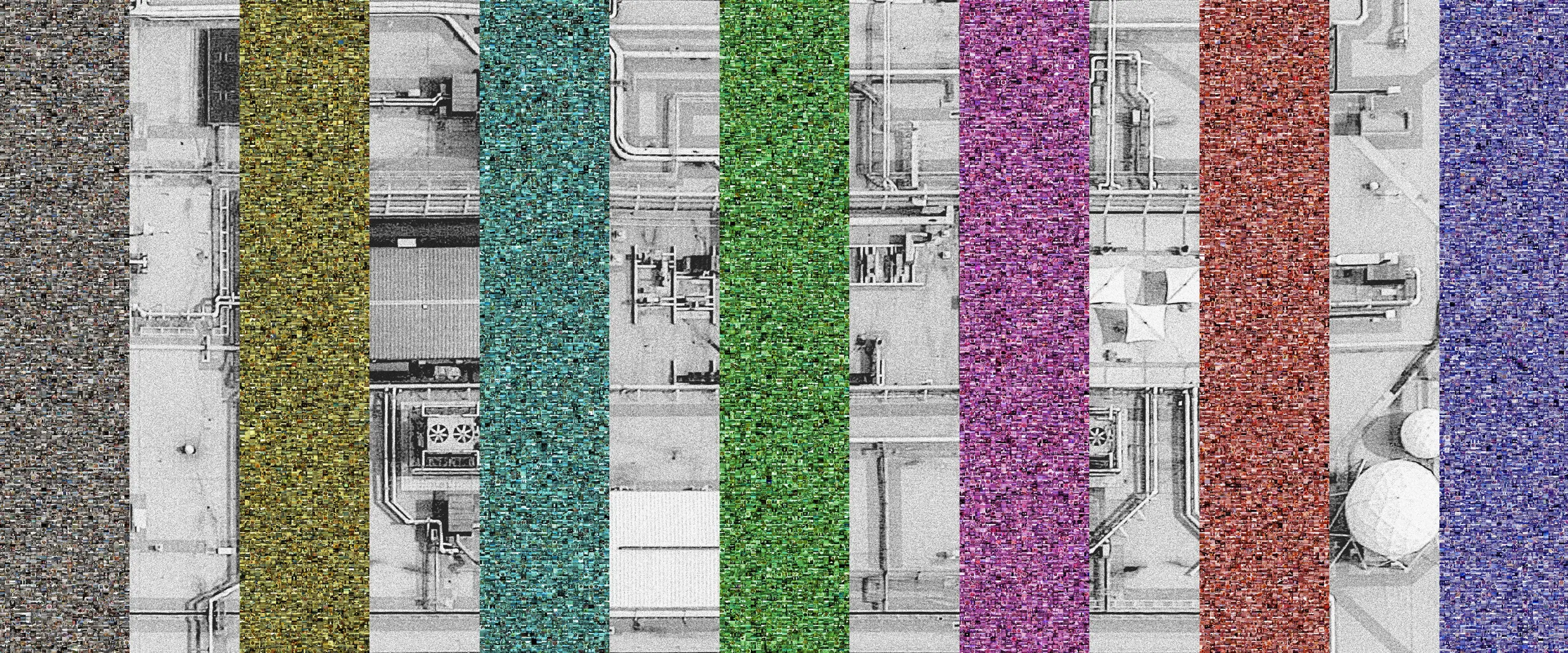 Photo collage with black and white satellite photo overlayed with 7 vertical bars, each of different color, each composed of smaller images.