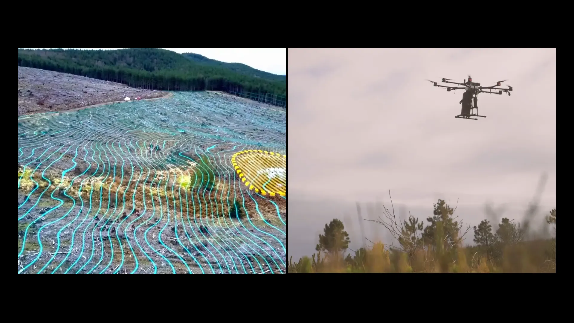 Split screen video still with image of a landscape with overlaid contour lines on left, and medium view of drone helicopter in a field on right.