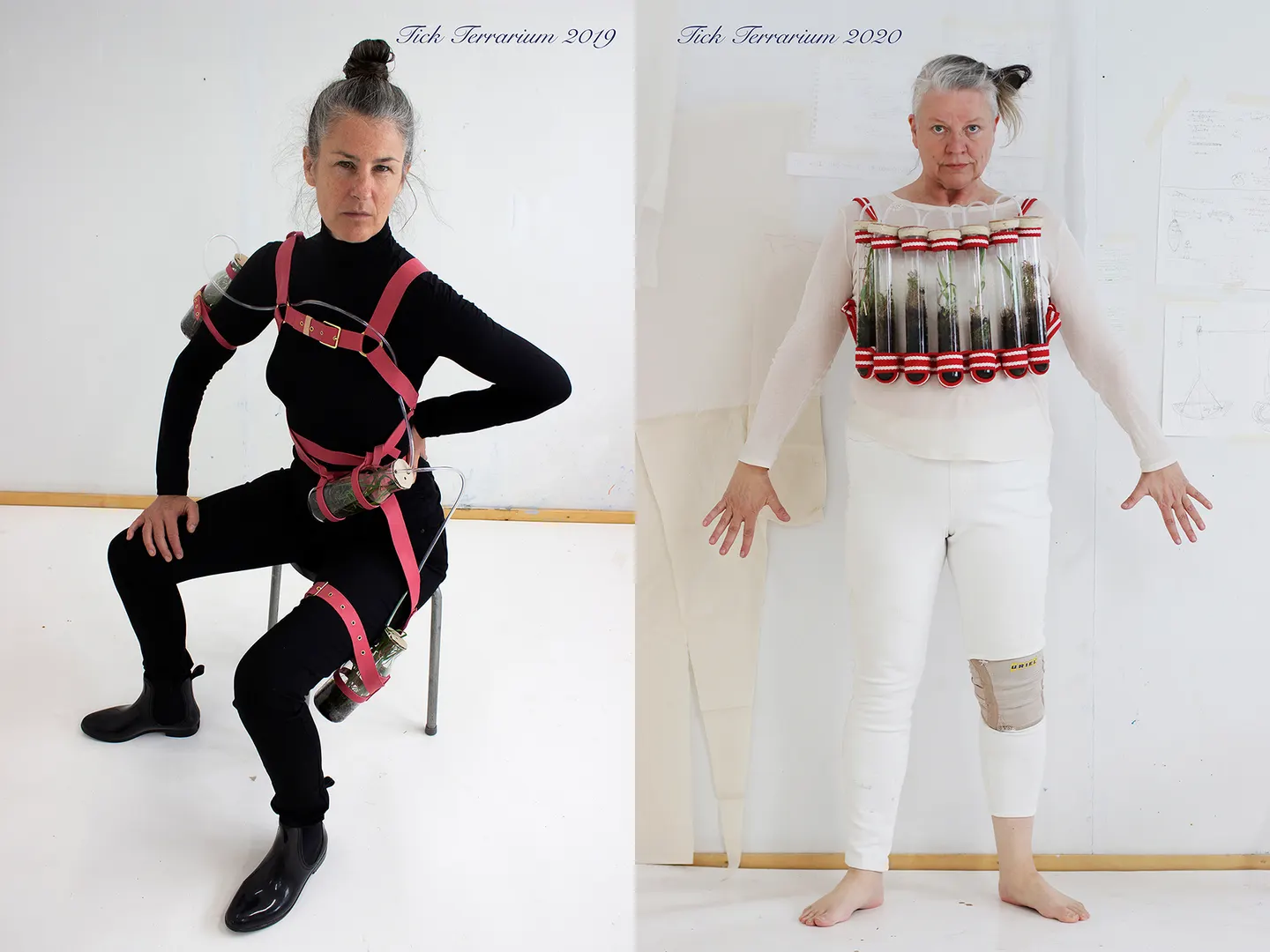 Photo of a two women, one in black and the other in white, wearing mini-terreriums on thier bodies.