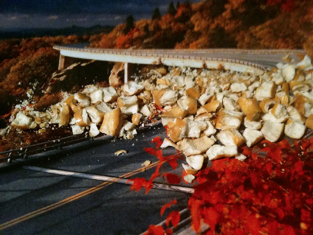 Photo of preztel crumbs placed on an printed magazine image of a road in an autumn landscape make it appear as if there has been a landslide.